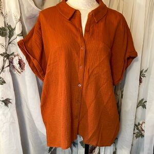 Calvin Klein orange rust short sleeve button down tunic XL